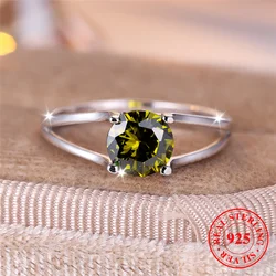 Female Real 925 Sterling Silver Peridot Round Engagement Ring Solitaire Vintage Wedding Jewelry For Women