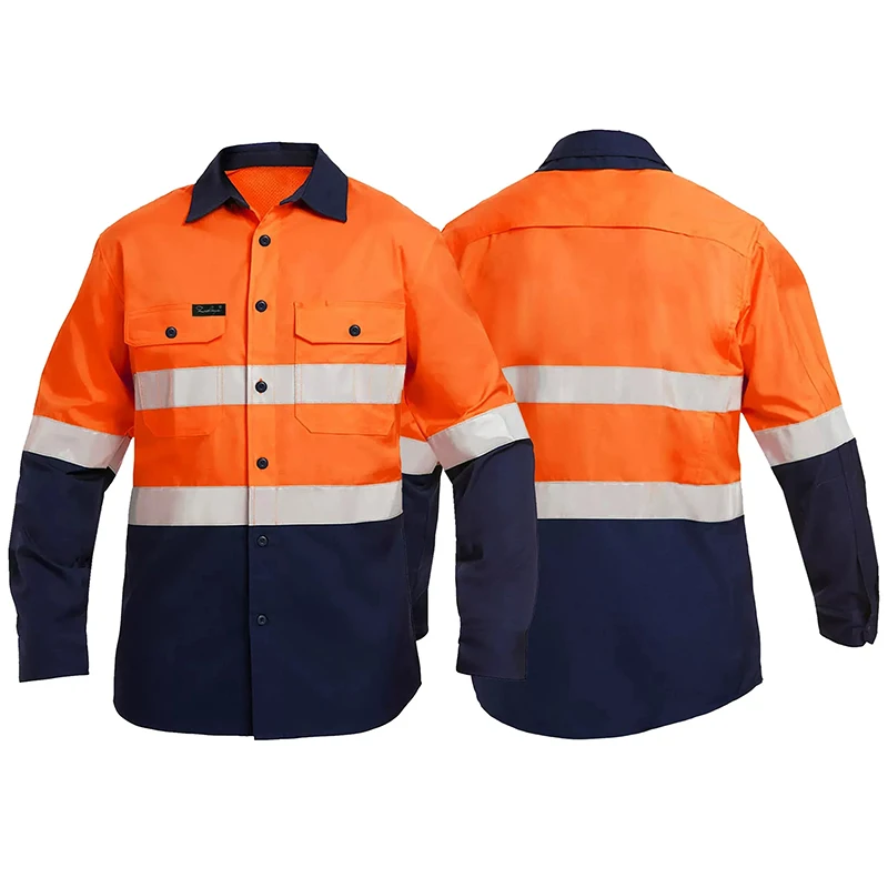 Hi Vis Shirt for Men Safety Shirt Reflective Long Sleeve Cotton Breathable Work Shirt for Men Mechanic High Visibility Shirt