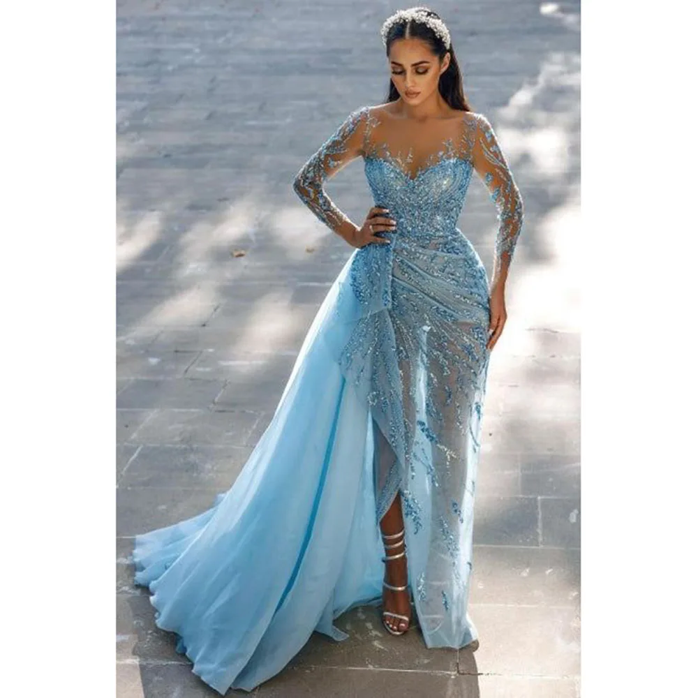 Exquisite Luxury Blue Wedding Party Dresses Sweetheart Floor Length Full Sleeves Side Split Pretty Fashion Chic Women Prom Gowns