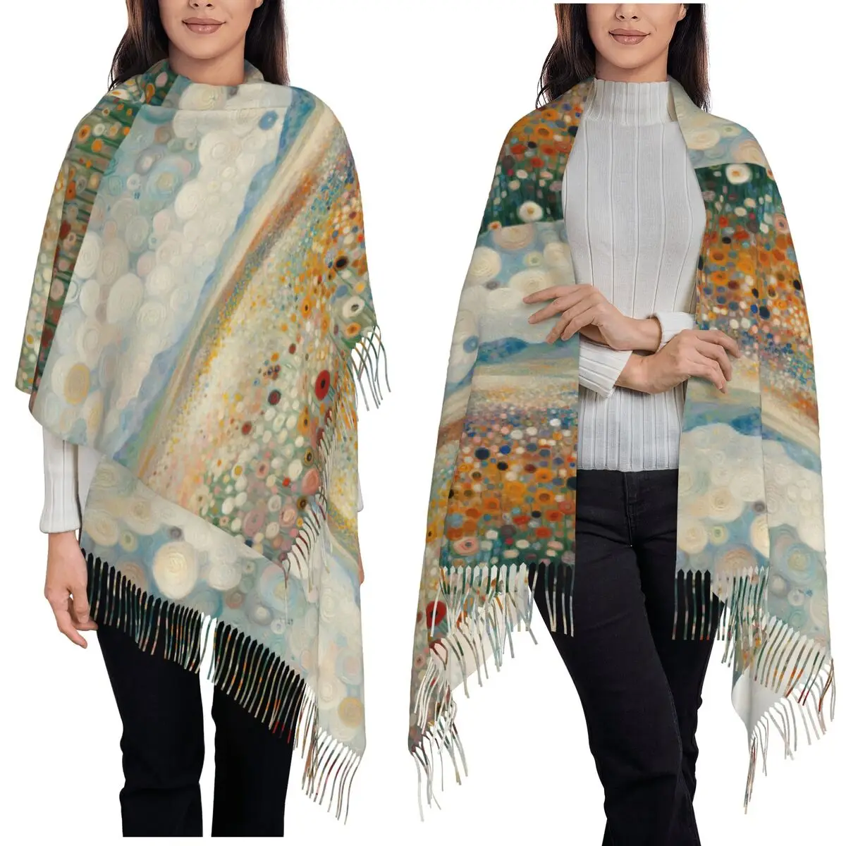 

Gustav Klimt Flower Garden Scarf Tassel Scarves Women Soft Warm Shawls and Wraps Large Fall Winter Shawl Wrap