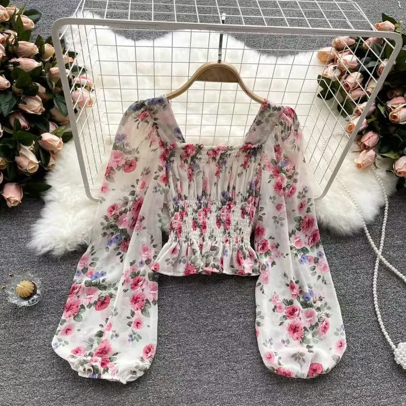 

Elegant Chiffon Lantern Sleeve Square Collar Blouse Chic Korean Fashion Crop Top Women Slim Spring Slim Flower Print Shirts Lady