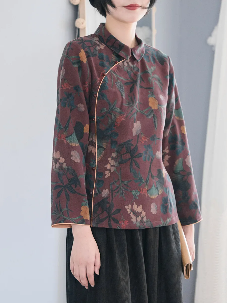 

Yuanji Silk awl Collar Nine-Quarter Sve irt Vintage Asymmetrical Button-Up Front for Women Original Design Autumn Wear