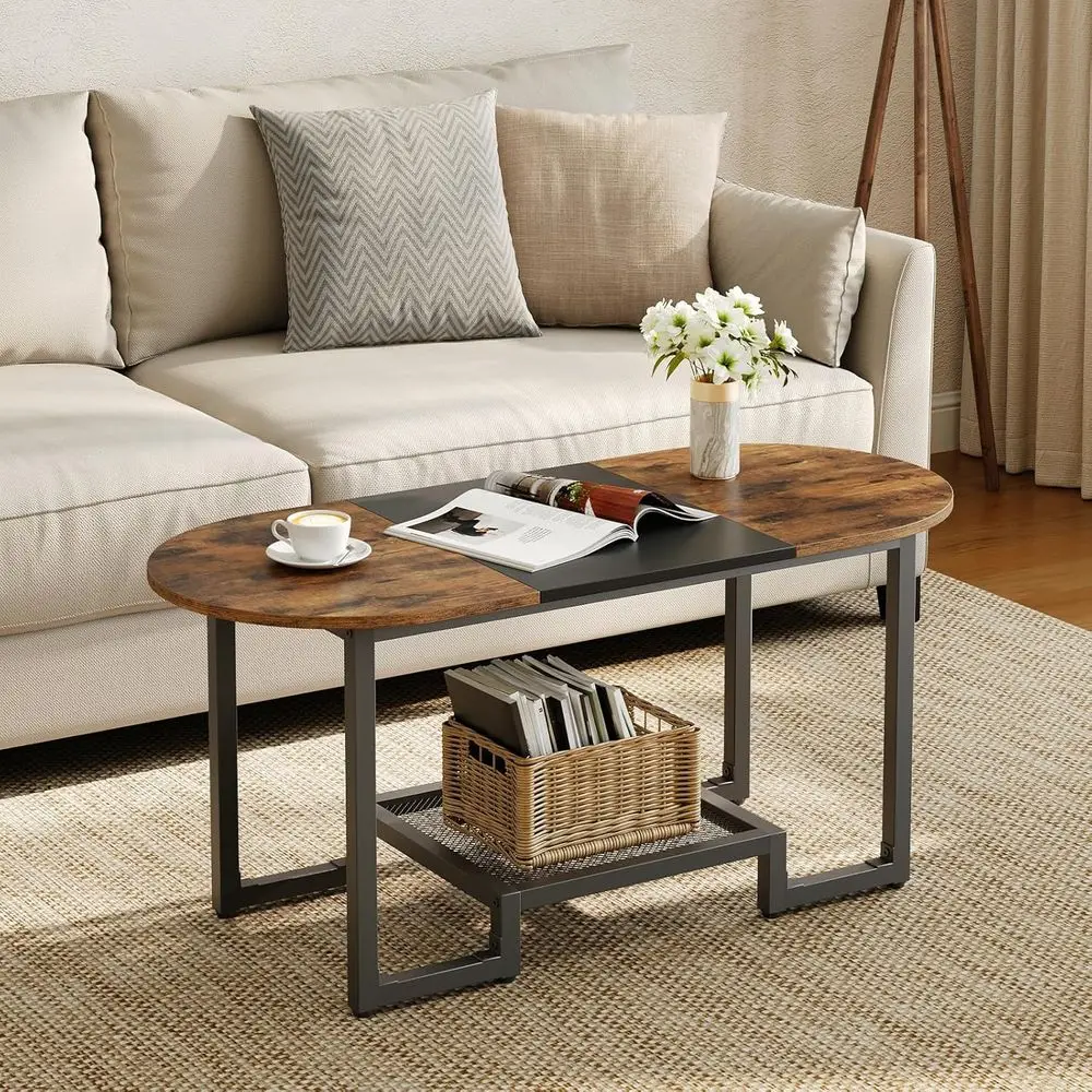 

Coee Table, Oval Small Coee Table with 2-Tier Storage Shel, Narrow ern Center Table or Small Spaces, Living Room, Bedroom, Oice,