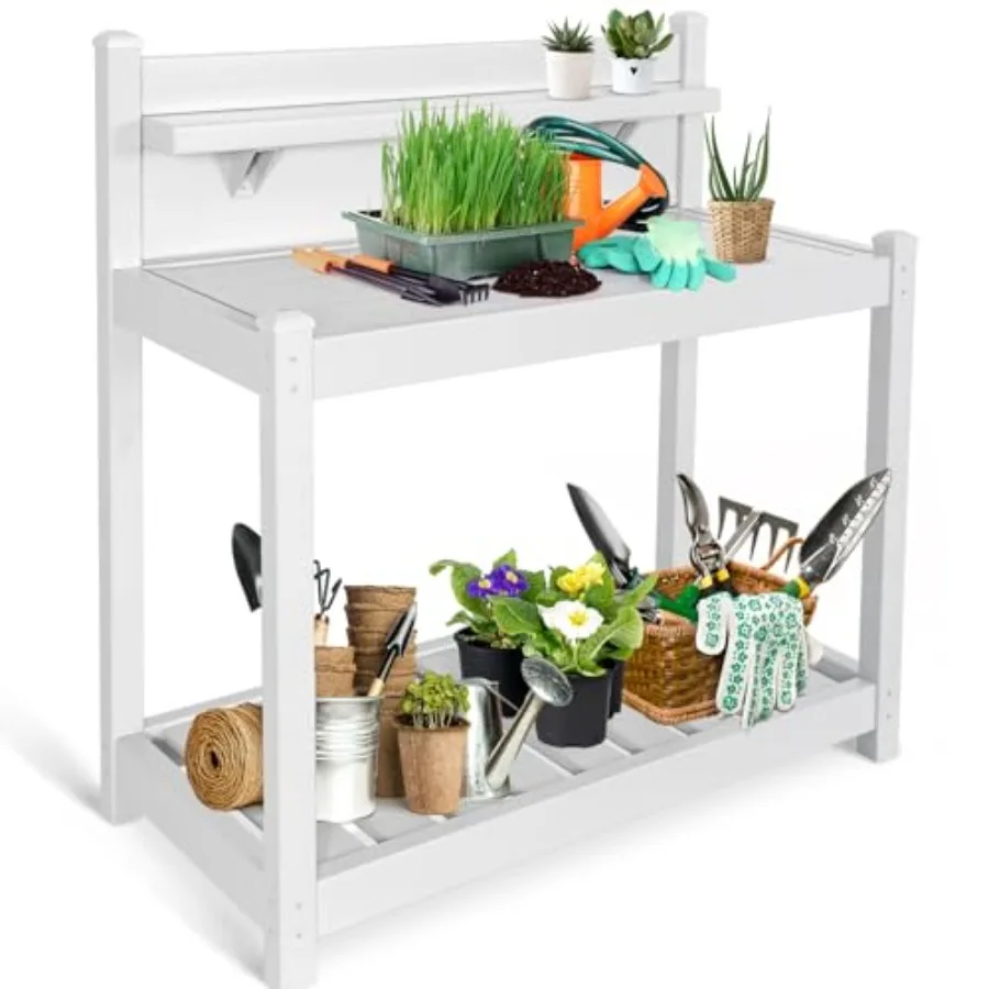 Potting Bench, Weatherproof Vinyl Potting Table for Outdoor and Indoor Use, Easy Clean Garden Workstation with Storage Shelves,