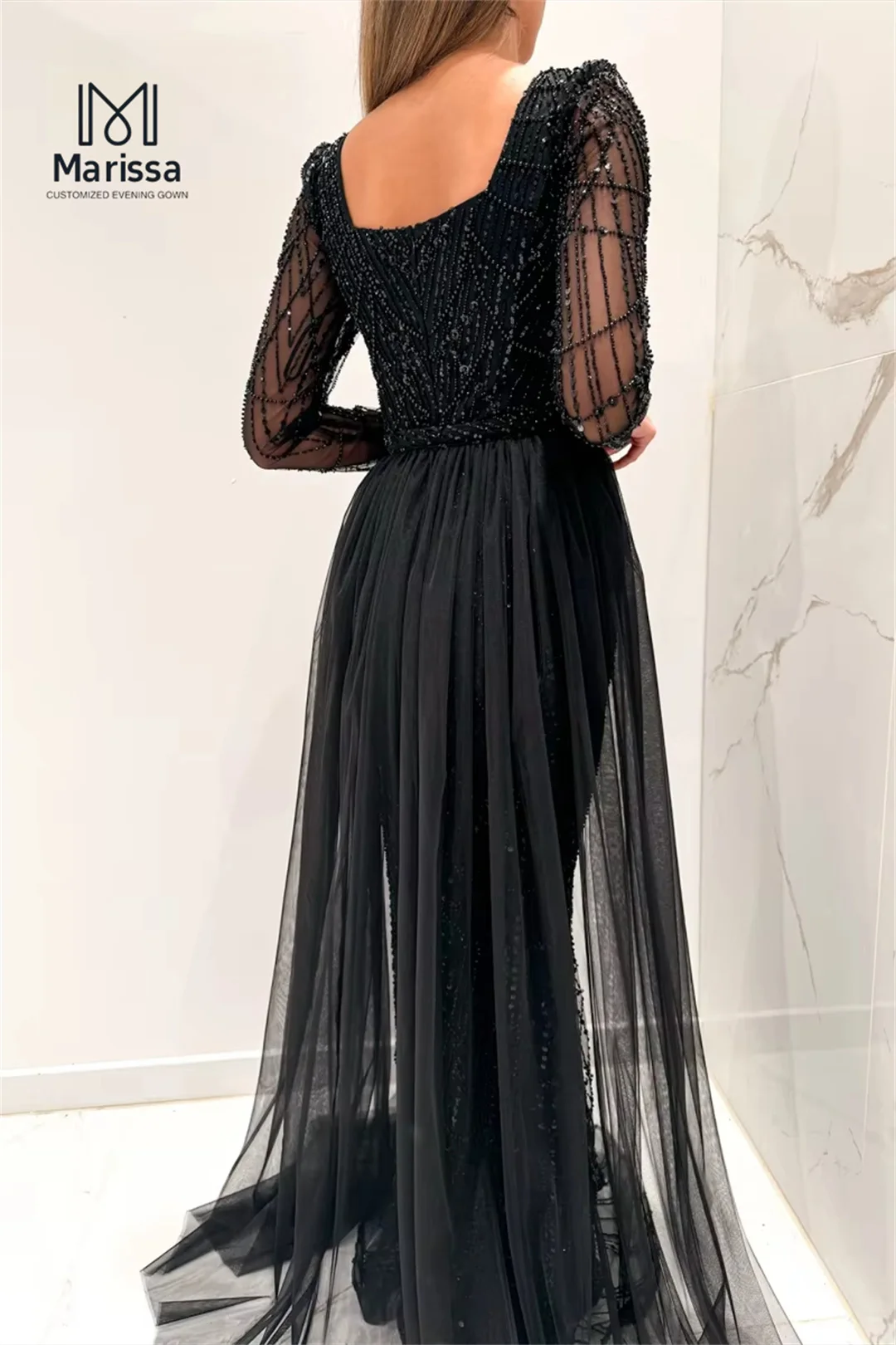 マリッサ ロング フィッシュテール パーティードレス ウェディングドレス カスタムメイド スパンコール ビーズ 刺繍 プロムガウン スクエアネック ロングスリーブ
