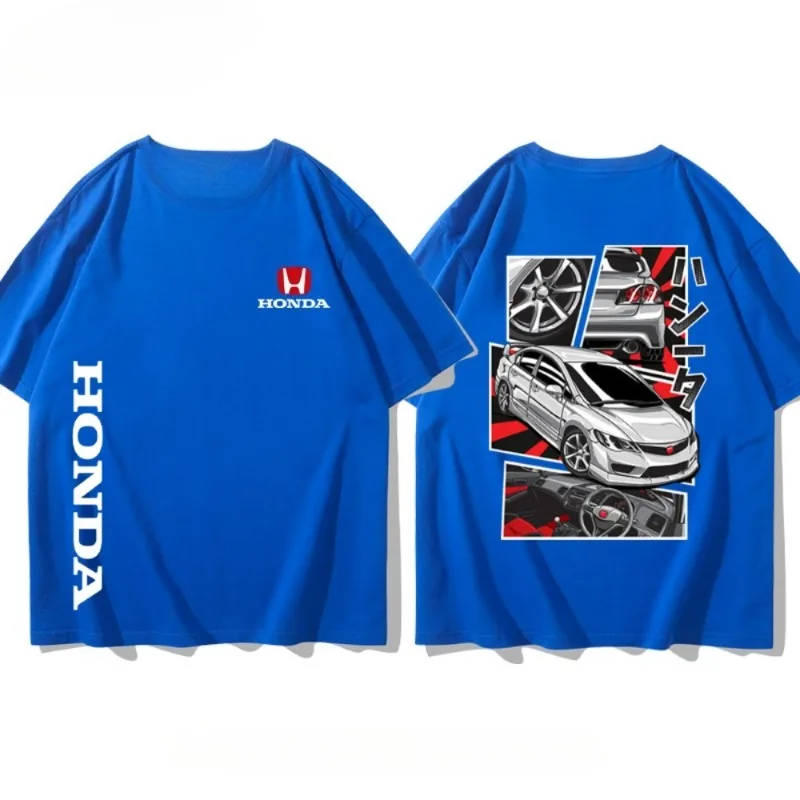 هوندا سيفيك الصيف الساخن موضة جديدة تي شيرت سباق تي شيرت رجالي ريترو دراجة نارية سلسلة مطبوعة فضفاضة قصيرة الأكمام وزرة