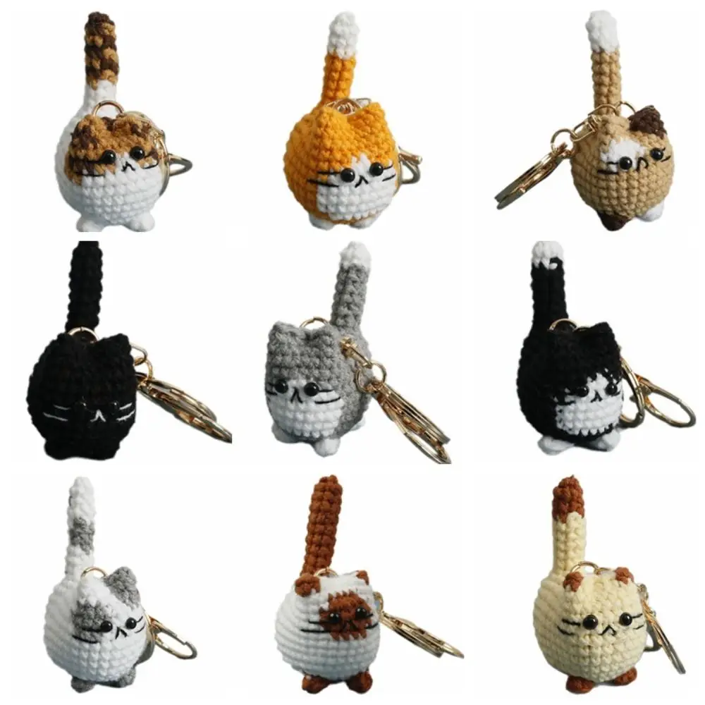 Multi-color Handmaking Crochet Kitten Keyrings Animal Knitting Doll Handwoven Cat Pendant Cartoon Kawaii Cat Key Chain For Gift