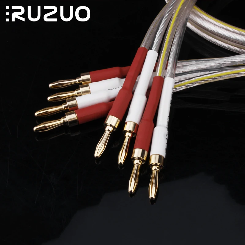 Hifi Silver Plated Speaker Cable 3.5mm Gold-Plated Banana Plug 4 to 4 Audio Cable for DVD,blu-ray, Decoder, CD player...Etc