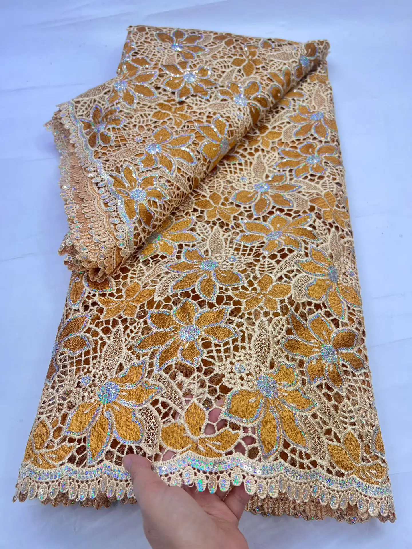 

2026 Latest High Quality African Nigerian With Tulle Sewing Lace Fabric Guipure Dresses Sequins Embroidery 5Yards HD101