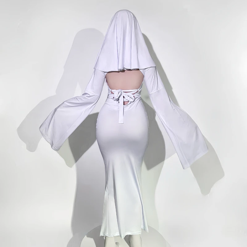 Anime Ghost Female Cosplay Costume Cute Ghost Bride White Sexy Dress with Mask Halloween Carnival Party Tight Tail Dress