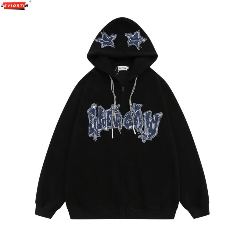 Harajuku Zipper Hoodie Coat Hip Hop Retro Embroidery Denim Star Letter Hooded Sweatshirt Jacket 2024 Fashion Loose Hoodies Coats