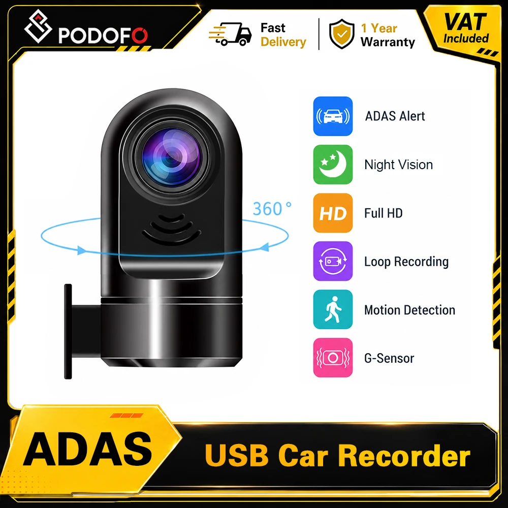 Kamera samochodowa Podofo USB kompatybilna z radiem samochodowym Android, z funkcjami ADAS, LDWS, FCWS i ostrzeżeniami, kąt widzenia 170 stopni. ° Szerokokątny rejestrator jazdy samochodowej 1080P z