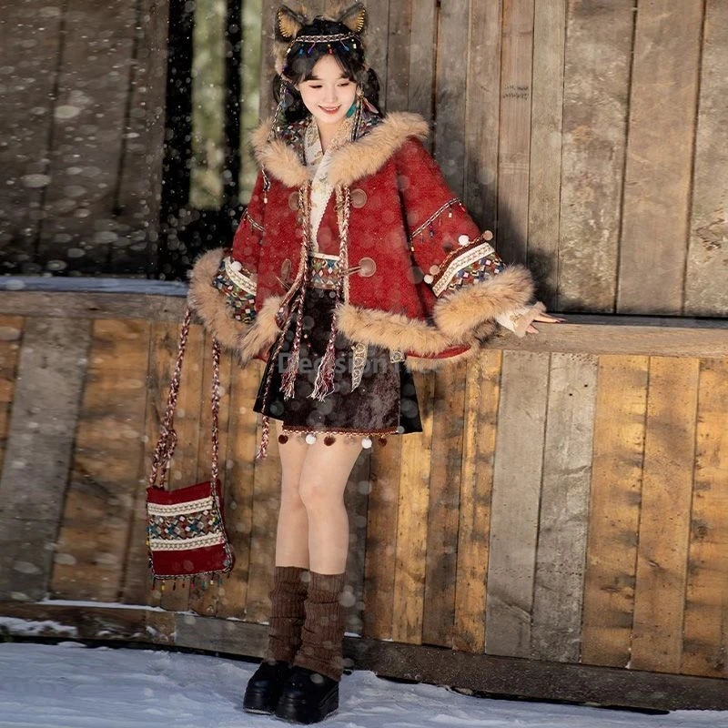 ملابس قطنية شتوية للفتيات التبتية المحسنة يوميًا لعام 2025، ملابس هان الصينية المطرزة على الطراز العرقي hanfu، ملابس السفر العصرية