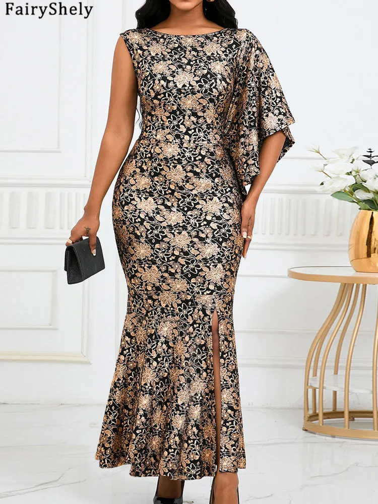 FairyShely 2025 Sukienka na jedno ramię z długim rękawem Plus Size Sexy Women Print Large Big Dresses Lady Party Tight Curvy Sheath Dress