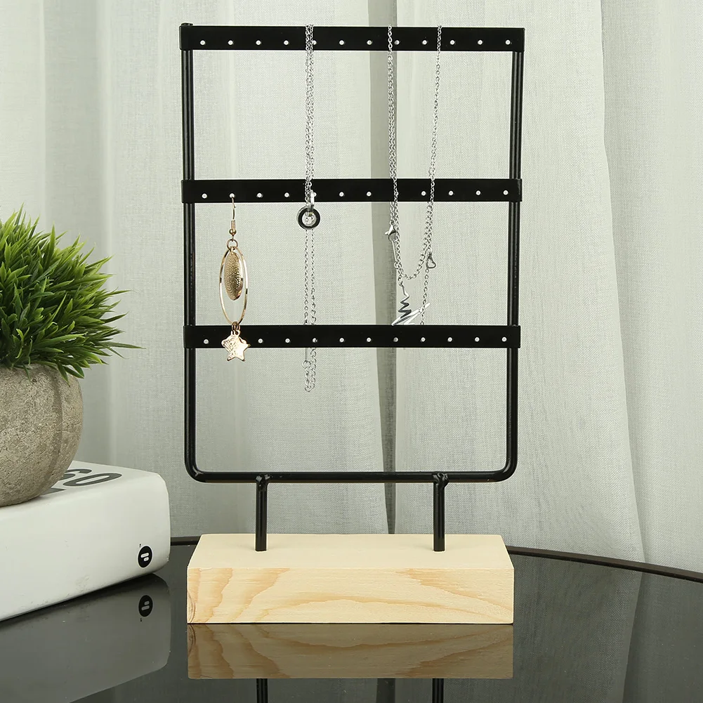 1Pc 36 Holes Metal Jewelry Storage Rack Display Stand Earrings Necklace Organizer with Wood Base