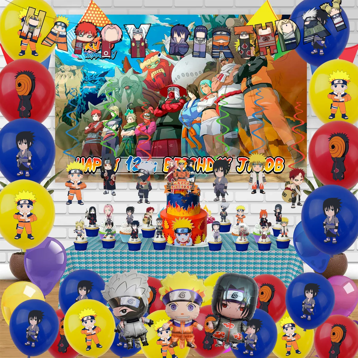 Juego de suministros de fiesta temática de Naruto, decoración de pastel de cumpleaños de Anime, pancarta, mantel, plato, globos, juguetes, regalos para niños y hombres