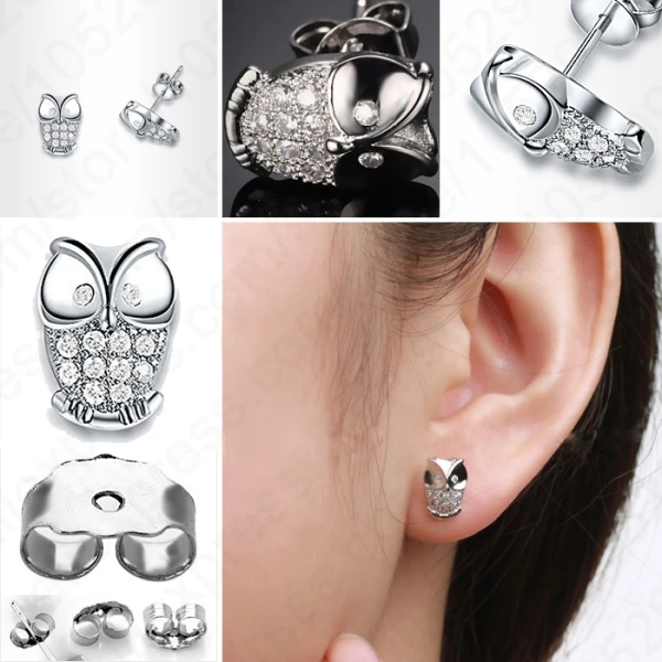 New Fashion 925 Sterling Silver Mini Animal Owl Jewelry Shiny CZ Crystal Woman Stud Earrings Girls Birthday Gift Ear Studs