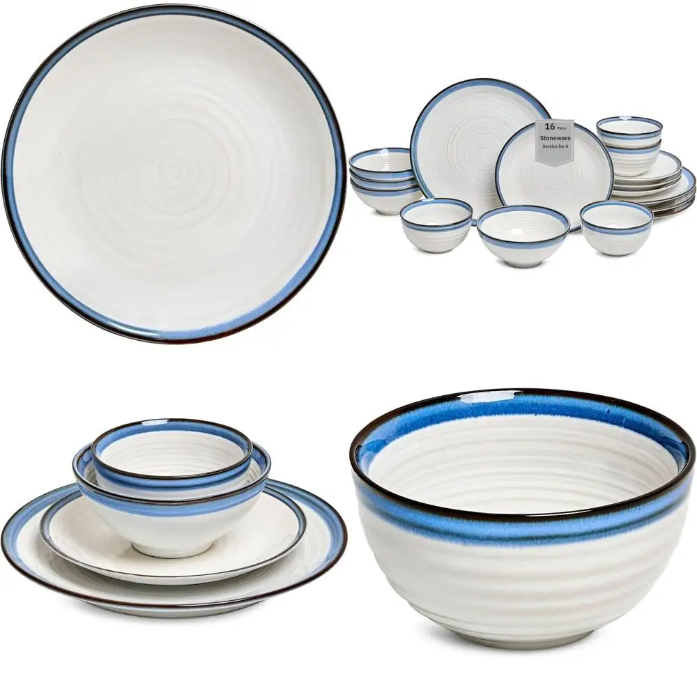 

16-Piece Stoneware Dinnerware Set for 4, White Ceramic Plates and Bowls with Blue Rim, Reactive Glaze, Chip Resistant, Microwave