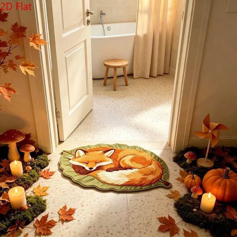 Cute Sleeping Fox Leaf Shape Rug Non Slip Floor Mat for Living Room Bedroom Kitchen Autumn Forest Decor Washable Carpet