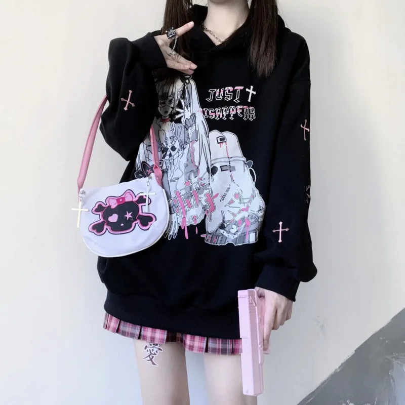 2024 Spring Japanese Harajuku Anime Gothic Girl Print Hoodies Drop Shoulder Long Sleeve Loose Hooded Sweatshirt Teens Streetwear