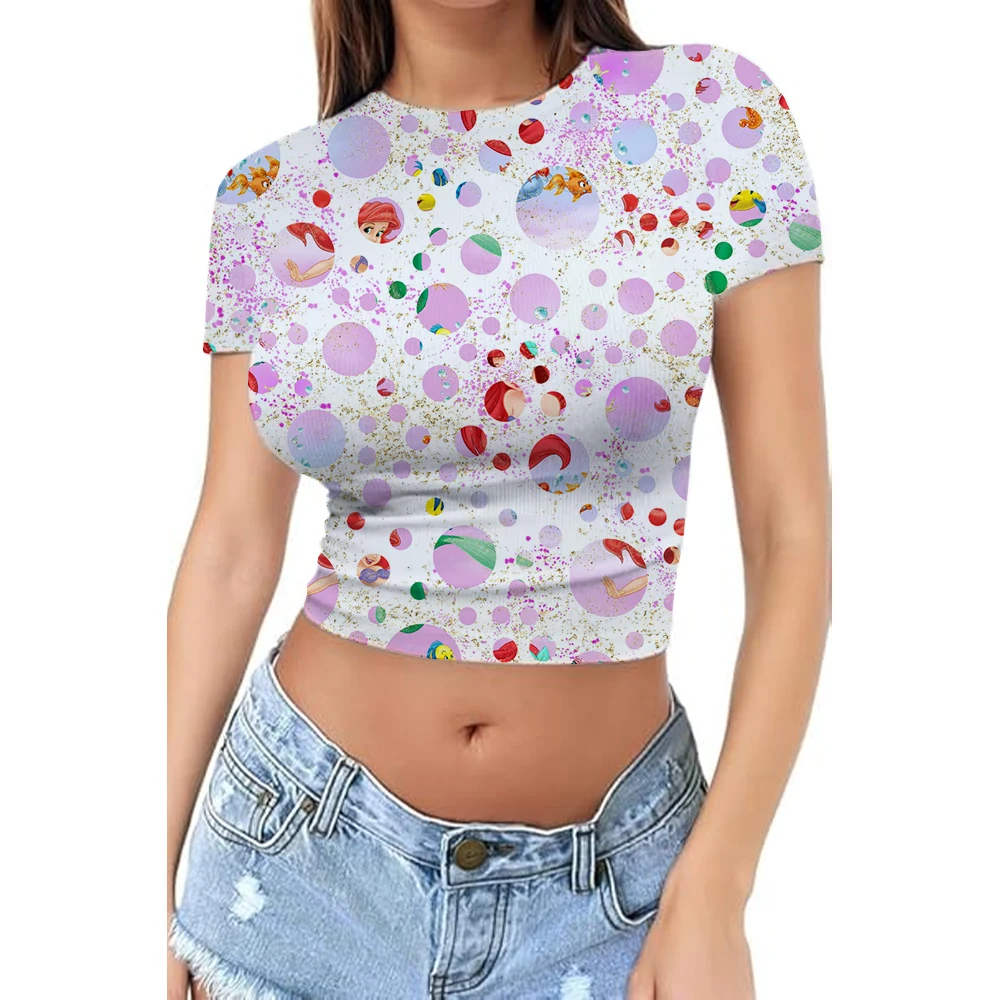Estate nuova 2025 donna stampata 3D Disney principessa serie manica corta girocollo casual elegante maglietta corta attillata top