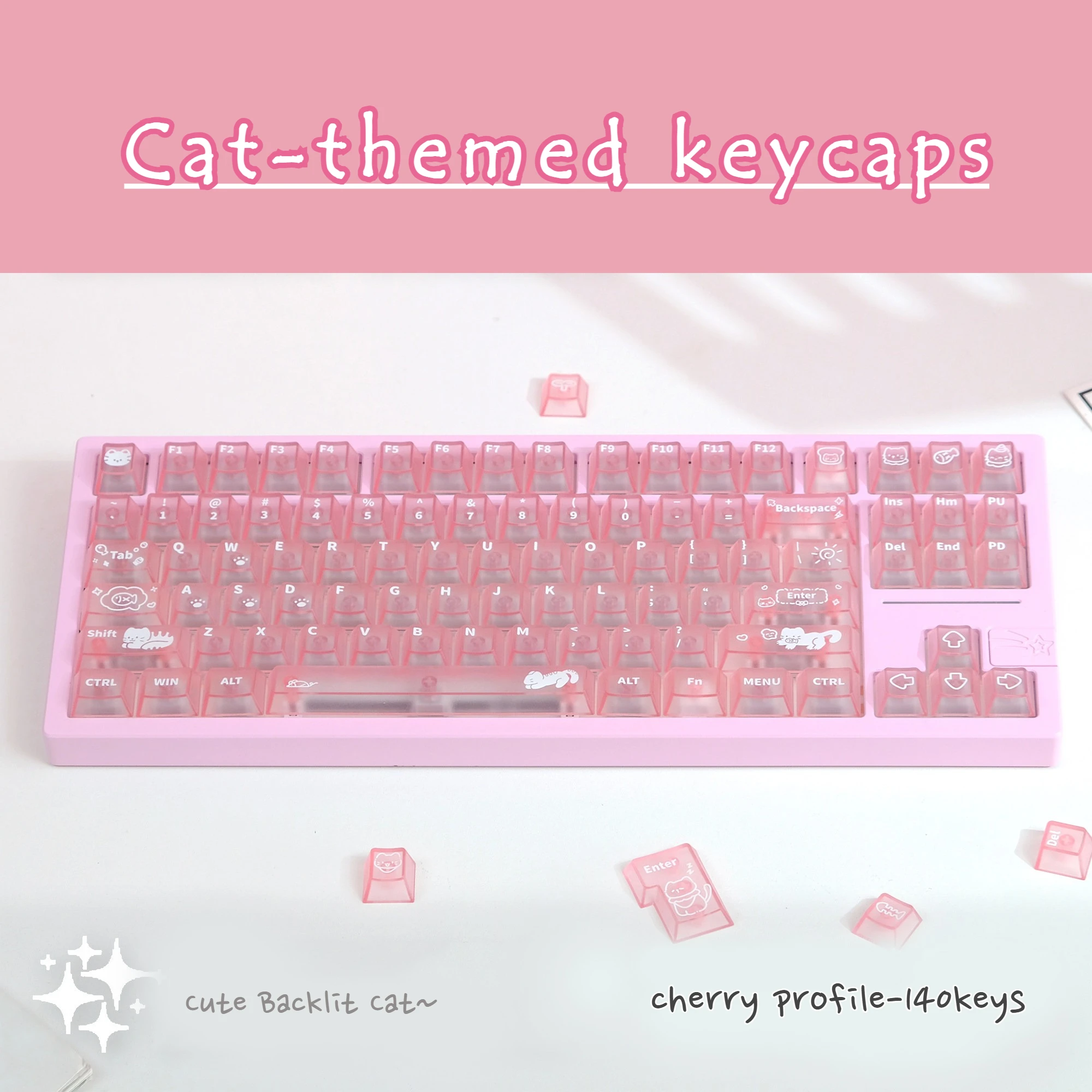 

1set Pink Matte Translucent Keycap Cute Cat Cherry Profile Custom Backlit Mechanical Game Keyboard Wireless for MX Switch Keycap