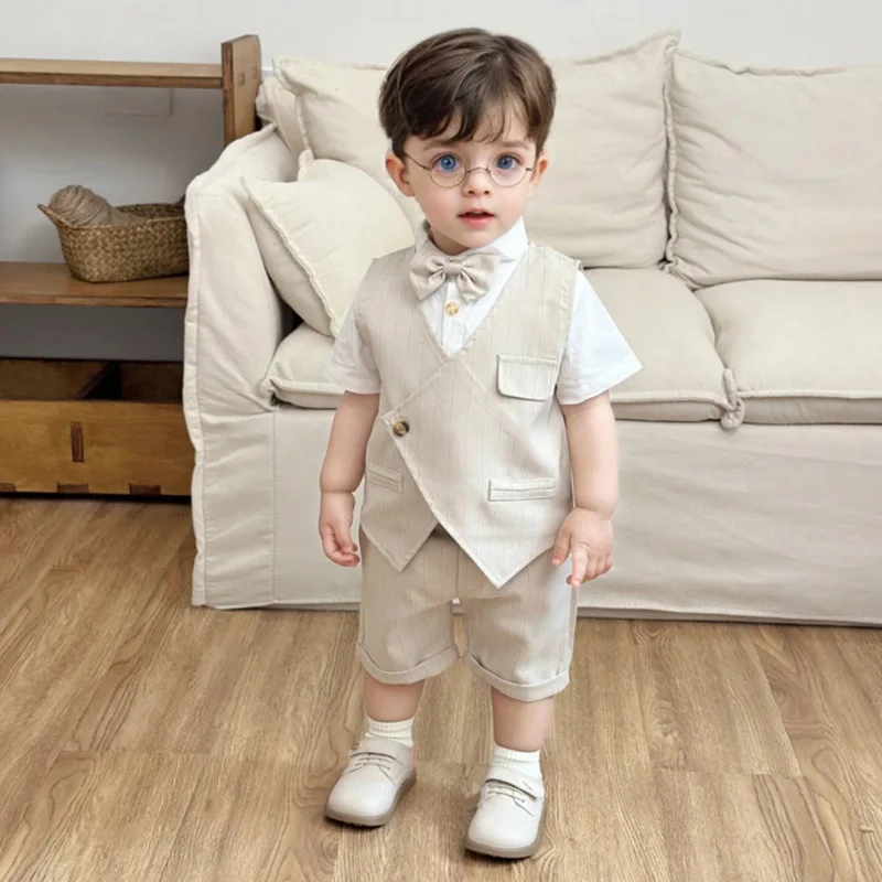 New short-sleeved shorts vest three-piece children's clothing baby British style foreign style dress summer boys suit