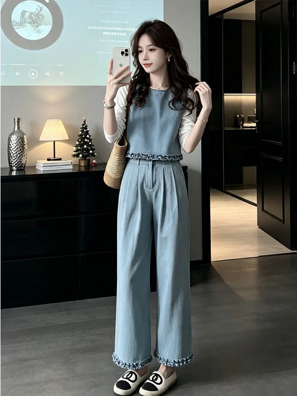 Fashionable Simple Women's Three-Piece Set Autumn New Design Wide Leg Pants Slimming Vest Small Shirt Casual Style Polyester ...
