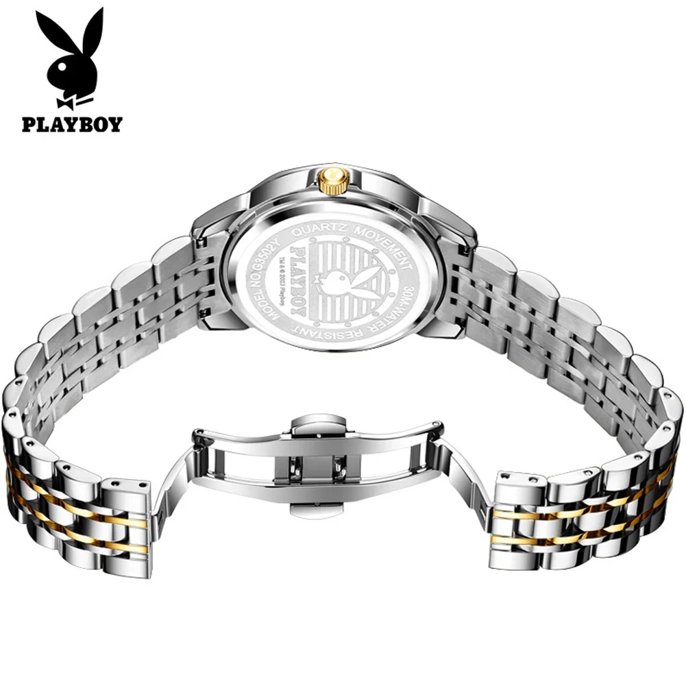 PLAYBOY 3502 Brand Original Authentic Diamond-Shaped Mirror Double Calendar Stainless Steel Strap Men's Quartz Watch