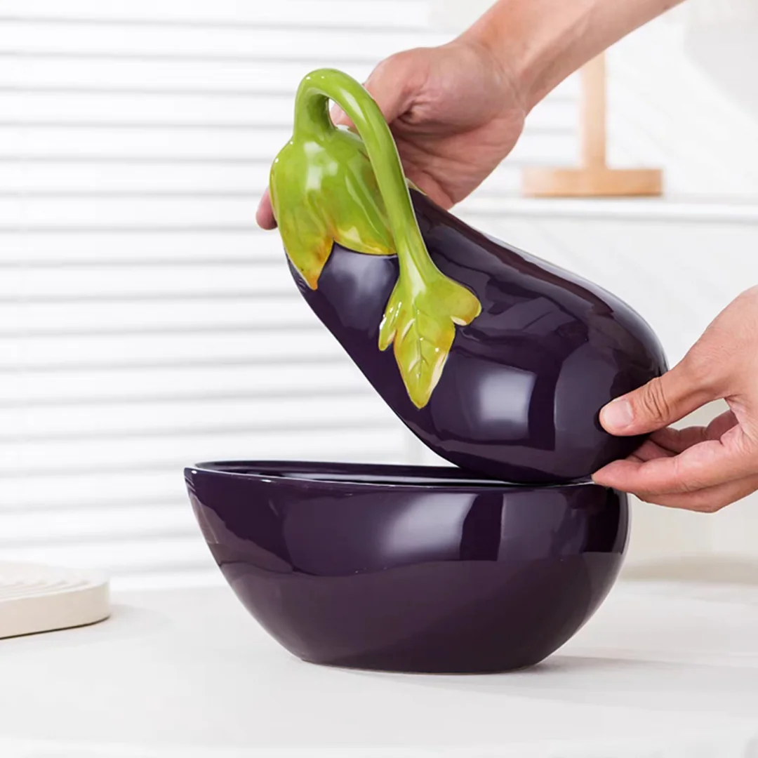 

American Sle Underglaze Cerc Bowl Purple Eggplant Vegetable Stew Pot with Lid Home Use Soup Bowl Fruit Dert Bowl