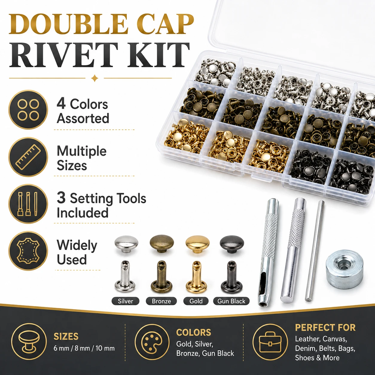 120-300Sets Metal Double Cap Round Rivets Studs 6-8mm, Collision Nail Spike for Leather Craft Shoe Bag Belt Garment Bracelet DIY