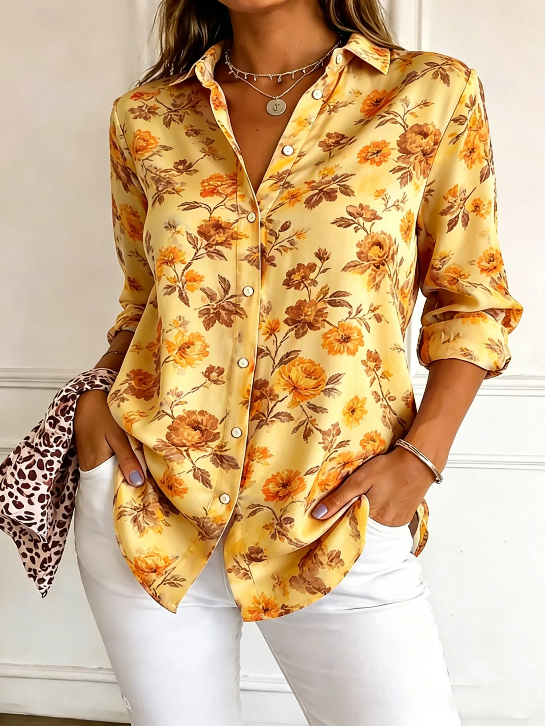 

Women's Long Sleeve Floral Print Button Down Casual Shirt Elegant Daily Blouse Tops Spring Summer Office Ladies Blouse