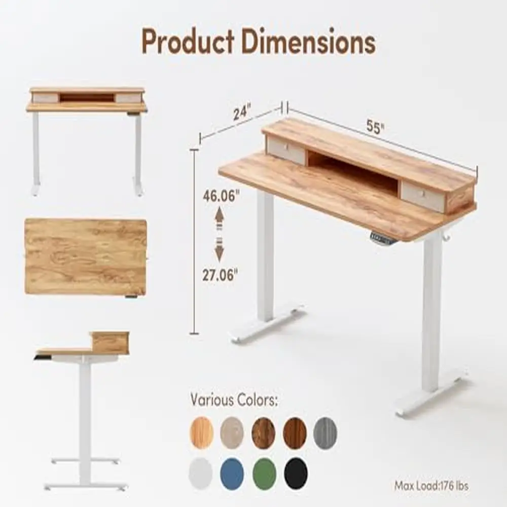 مكتب كهربائي قائم مع أدراج مزدوجة ، ارتفاع قابل للتعديل ، مخزن المنزل والمكتب ، محطة العمل ، 55 × 24 بوصة