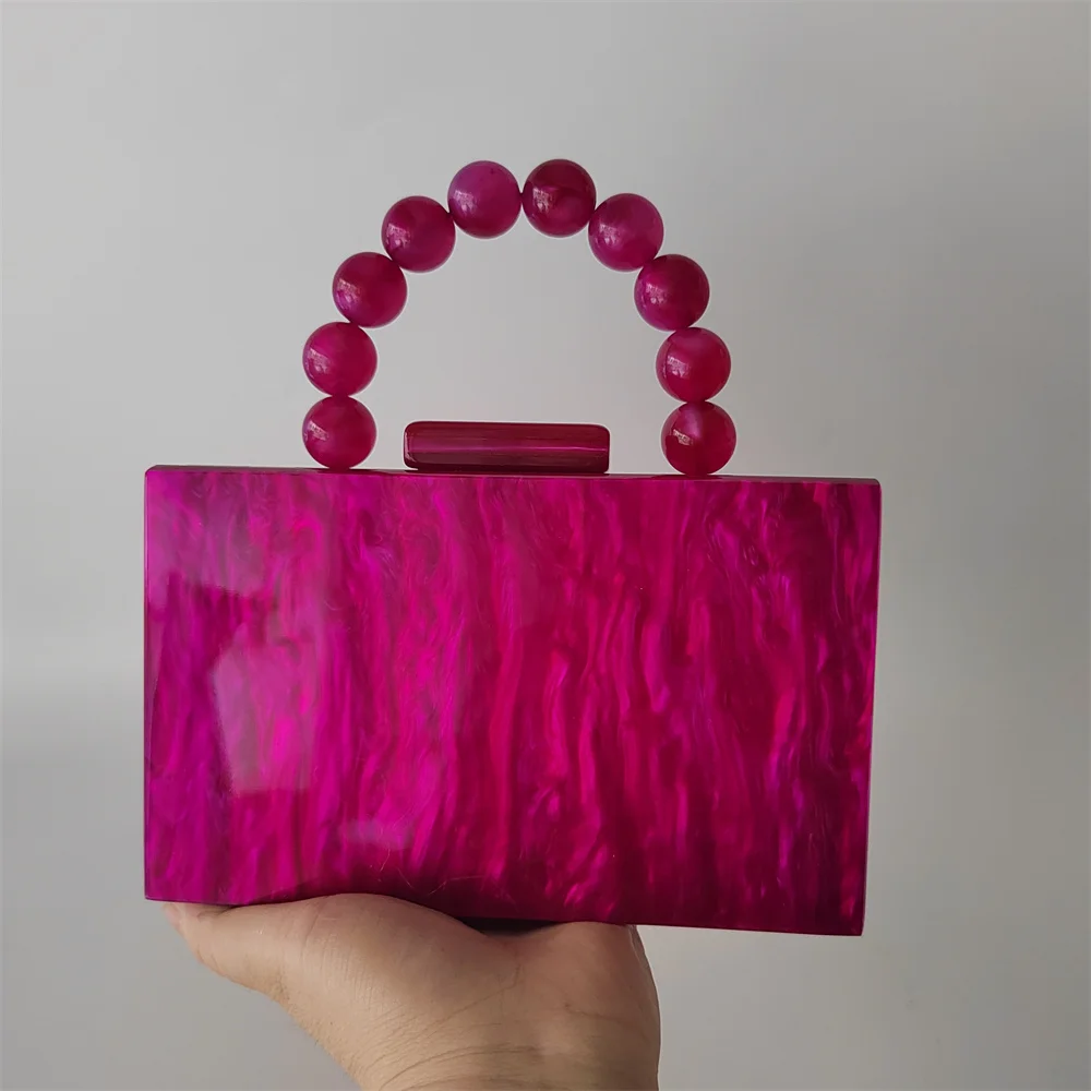 Hot Fuchsia Marble Acrylic PVC Box  Clutch Bags Women Luxury Designer Purses And Handbags Wedding Party Beaded Handle Flap Bags