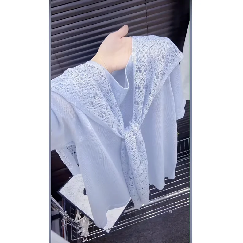 Loose Lace Knitted Shoulder Wrap Short Sleeve Women's Summer New plus Size Fashionable Versatile Top Korean Style Dopaamine