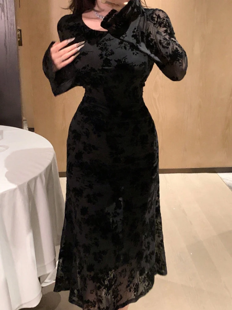 البوب جديد طاقم الرقبة الأسود الأزهار الدانتيل أنيقة ميدي فستان مثير شبكة طويلة مضيئة كم فساتين الزفاف ضيف المرأة الفاخرة حفلة الدكتور #6