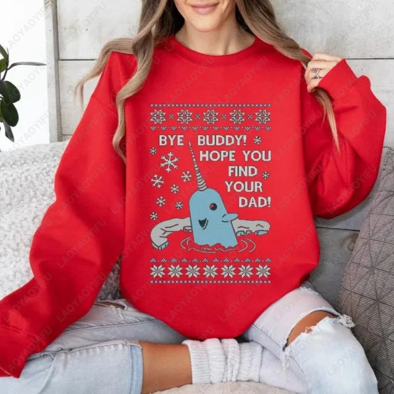 Bye Buddy Weihnachts-Cartoon-Sweatshirt „Hope You Find Your Dad“, Elfe, Narwal, lustiger Weihnachts-Damen-Kapuzenpullover, festlicher Urlaub, Party-Kapuzenpullover