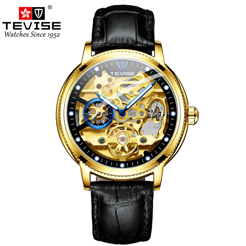 TEVISE Automatic Leather Hollow meccanico per uomo impermeabile luminoso Business & Fashion orologio da polso in acciaio inossidabile