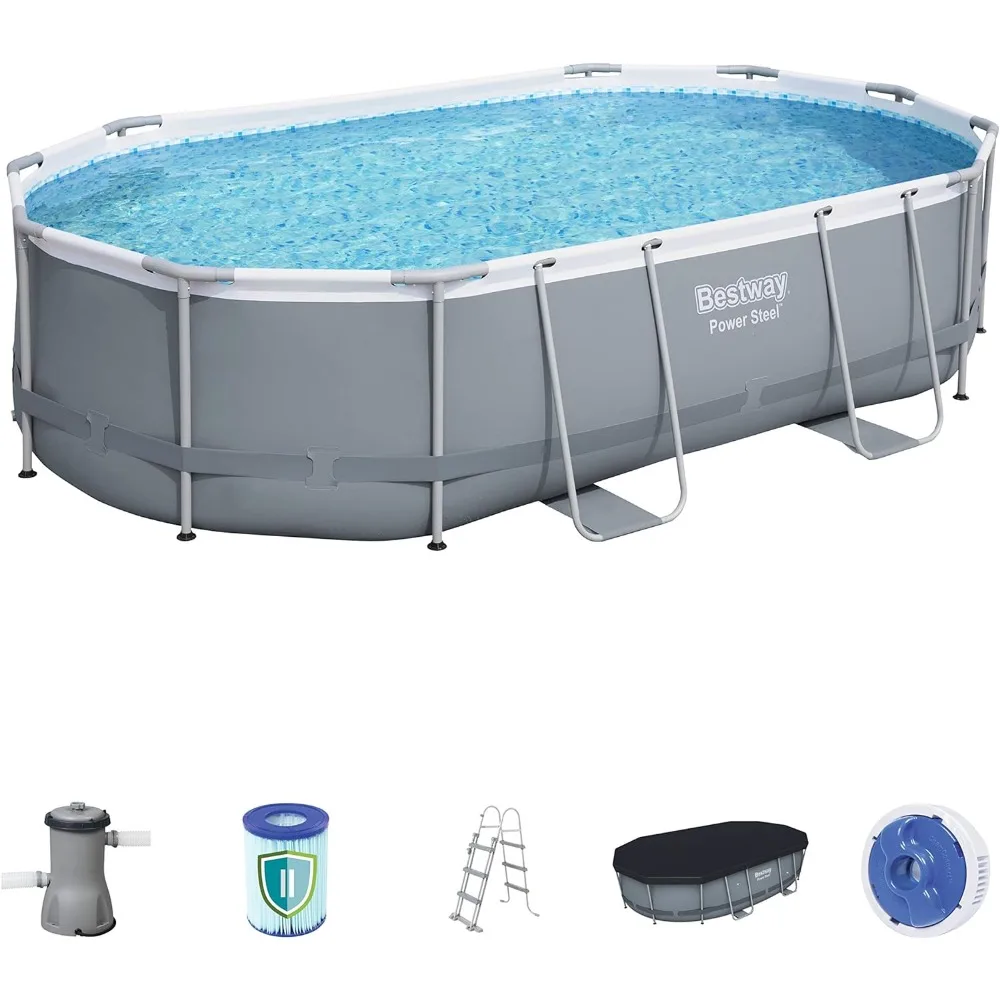 

Steel Oval Frame Swimming Pool Set Dark Grey with Filter Pump and Accessories 488 x 305 x 107 cm