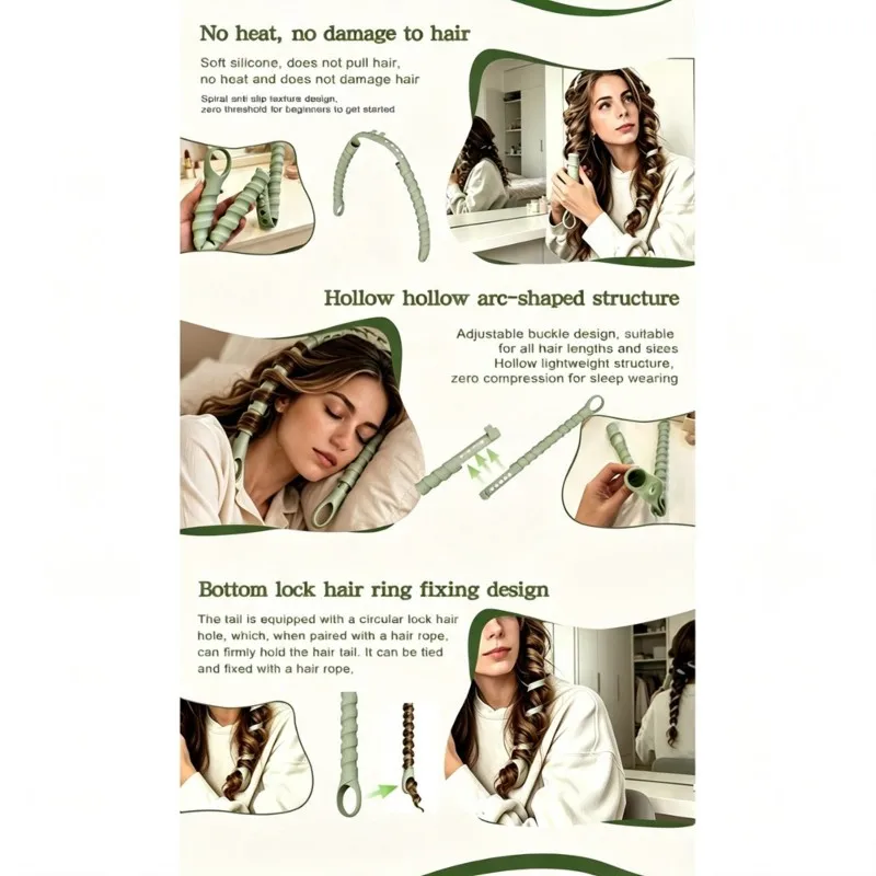 A94E-For Effortless Wave Forcing- Adjustable Spiral No-Heat Curling Wand In Silicone Material For Hair Styling Tools