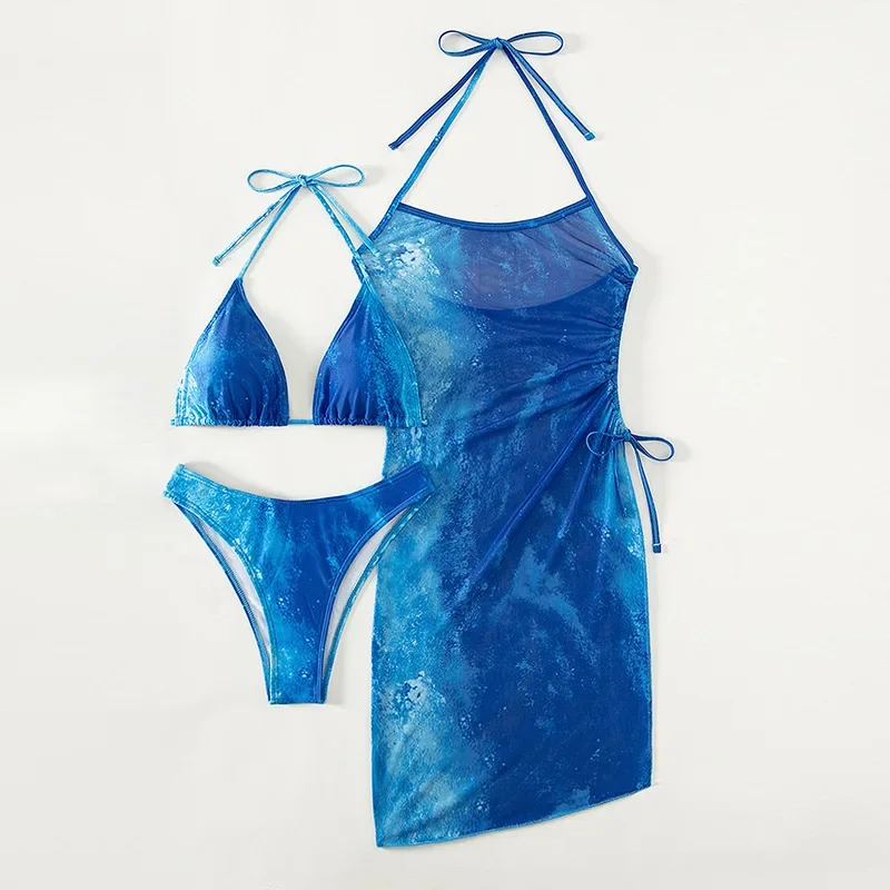 Three-piece Swimsuit Women 2023 Blue Print Gauze Dress Bikini Triangle Cup Sling Beach Bathing Suit High Waist Swimwear OLDL047