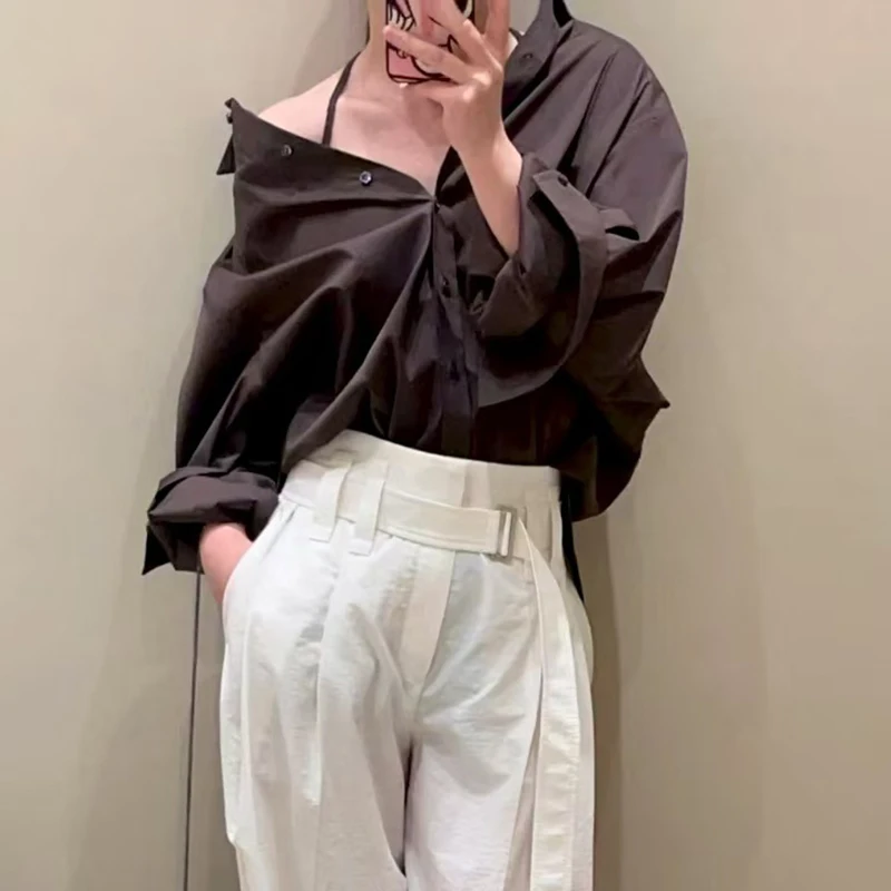 

Women's Collared Long-Sleeve Shirt, Chain-Detail Halter Neck Off-Shoulder Top, Minimalist Versatile Shirt, Fall, New Arrival,