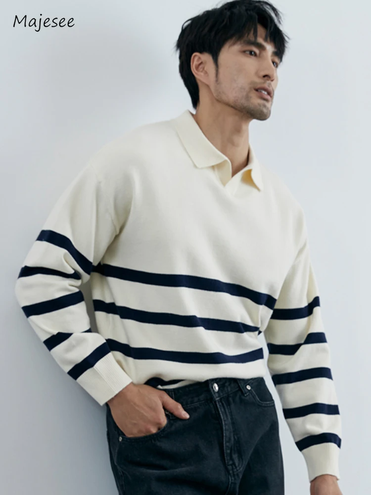 Striped Sweatshirts Men Autumn Lapel Handsome Fashion Cozy Advanced Classic Temperament Leisure Versatile Japanese Style Chic