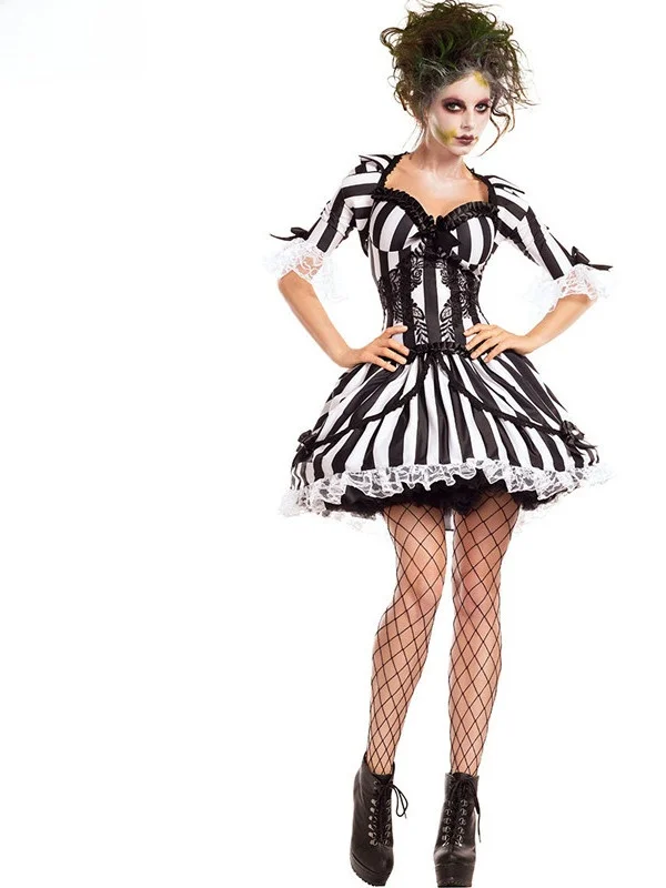 

loween Adult Ghost Bride Doll Cosplay Costume Stripe Zombie Devil Clown Performance Suit Traditional Chinese Weddi...