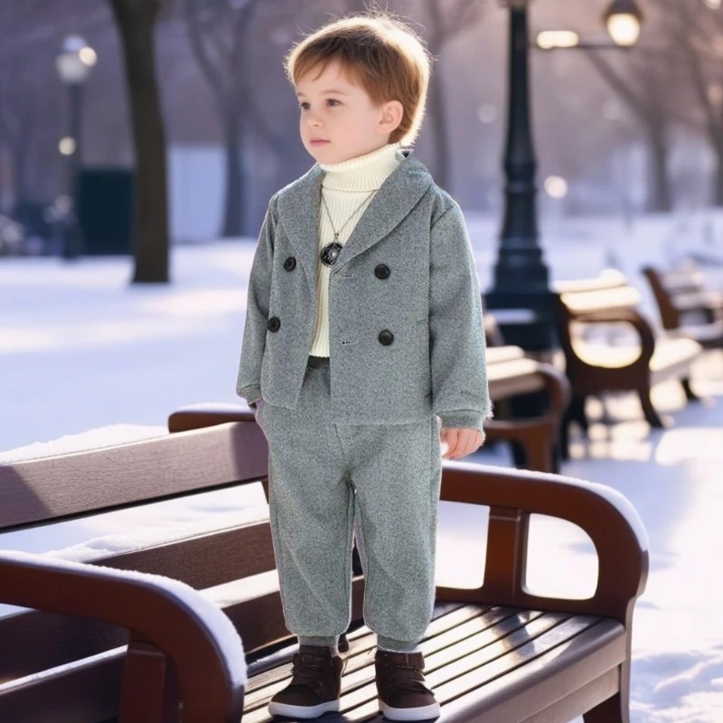 Boys Birthday Suits Korean Casual Double-breasted Blazer Set Spring Autumn Warm 1 To 12 Year Kids School Uniform Toddler Outfits