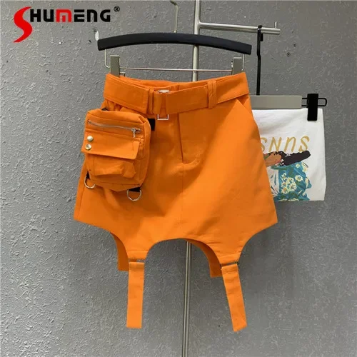 Harajuku Orange Skirt Women 2023 Summer New High Waist Casual Sports Skirts Sexy A- Line Short Mini Jupe Femme with Belt