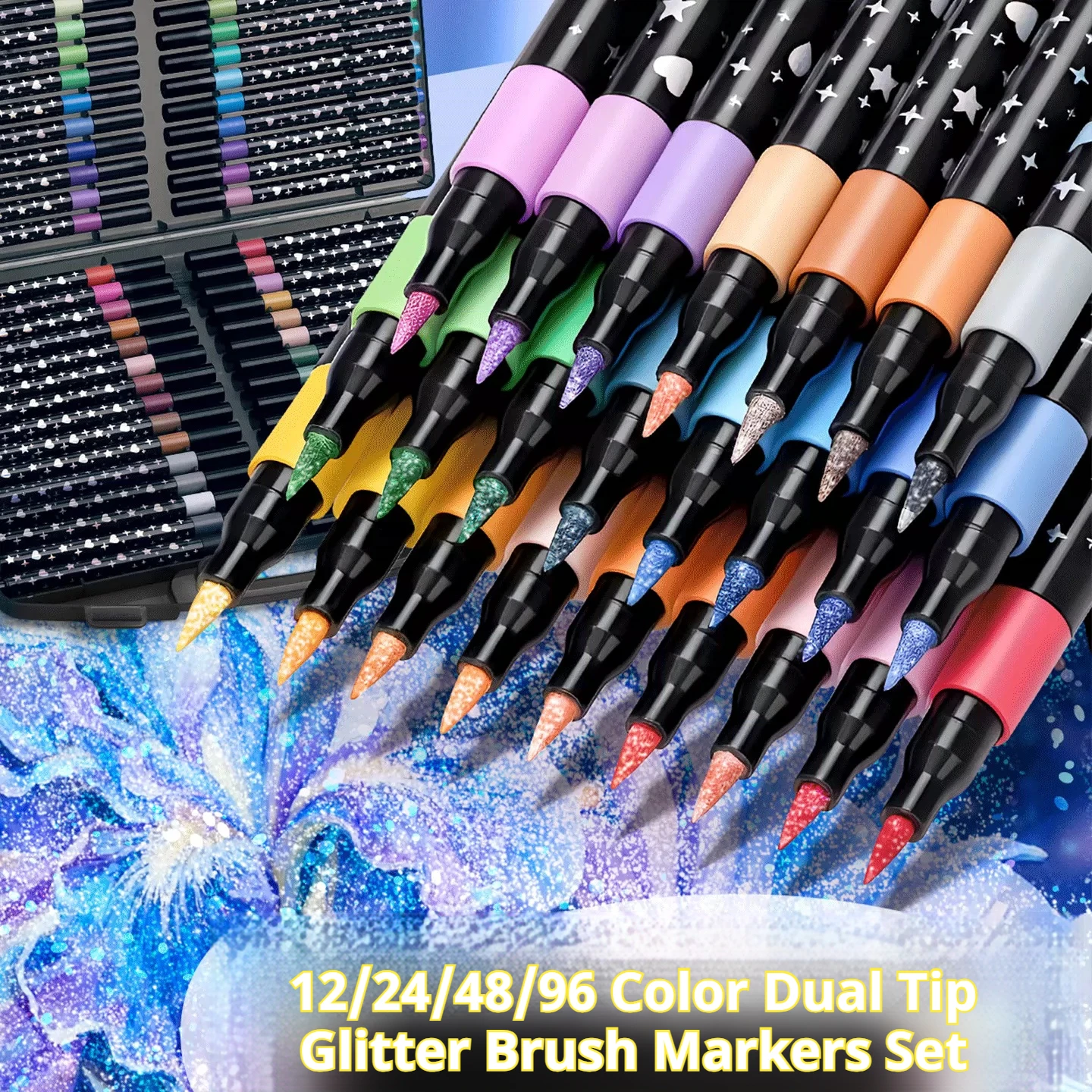 96/12 Colors Dual Tip Glitter Brush Markers Set Acrylic Paint Pens Marker for DIY Doodling&Card Making Rock Painting Stone Glass