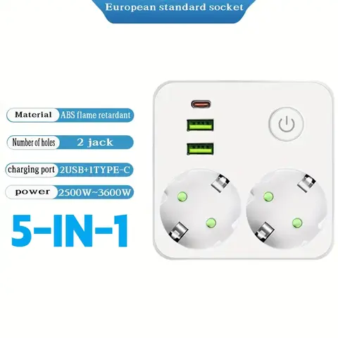 EU Plug Outlet 2 Sockets Multitap Wall Power Strip Electrical Socket No Extension Cord with 2 USB 1 Type-C Ports 2500W MAX Power