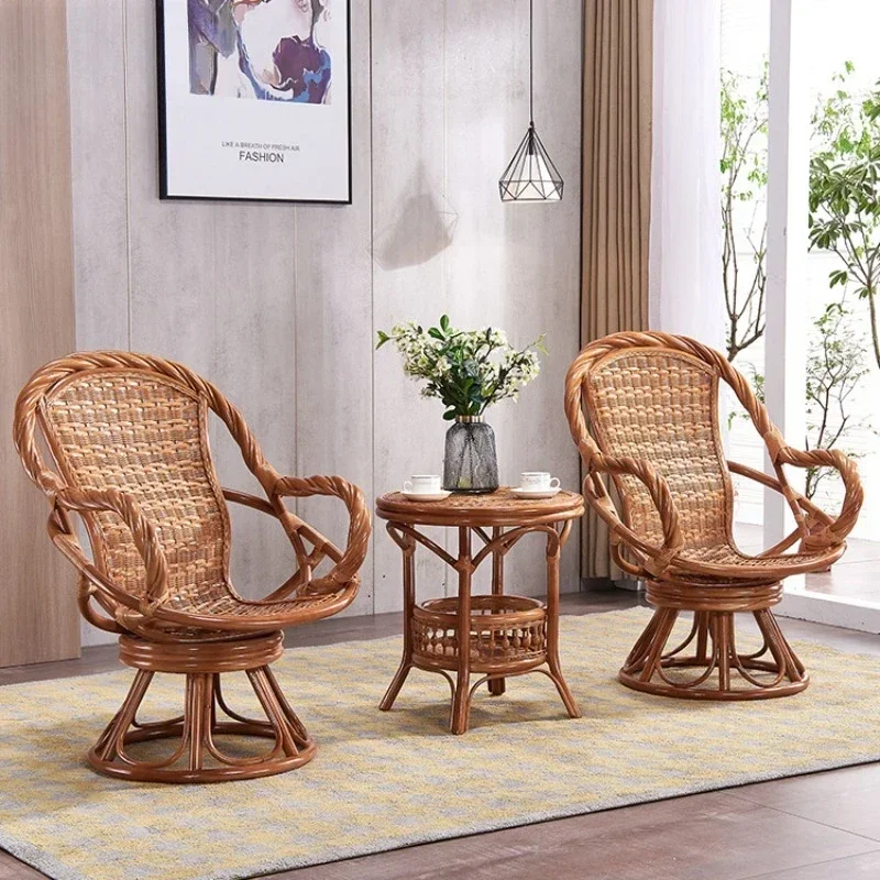 Natural rattan chair three-piece set rotatable balcony table swivel chair single casual combination