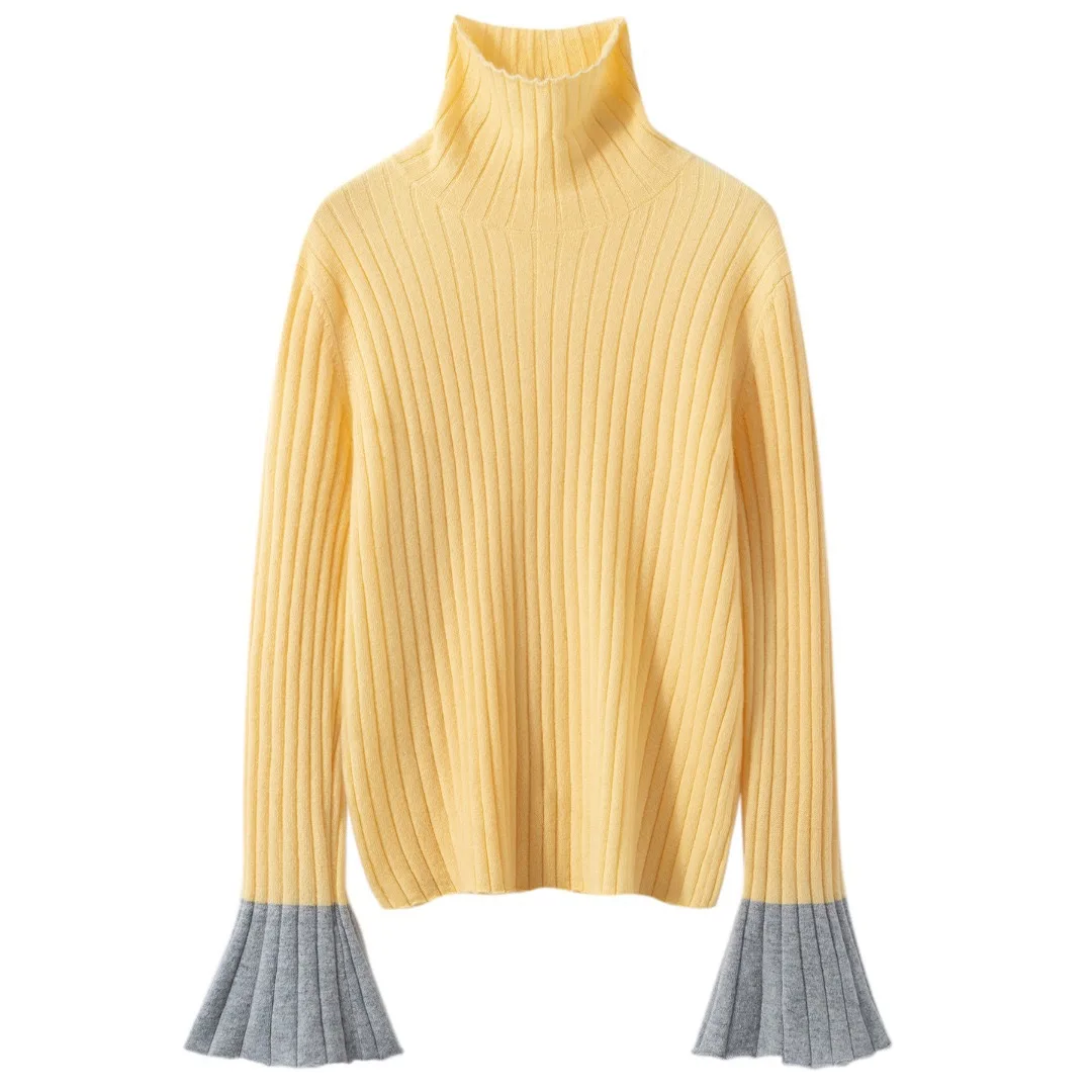 Women's 100% cashmere sweater casual color matching knitted pullover loose thick high neck Tops pit horn sleeve Blouse street